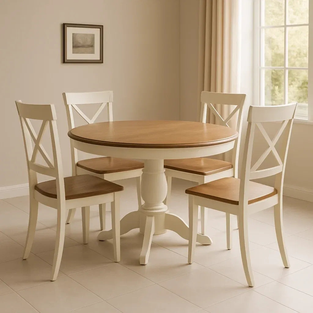 Ensembles de salle à manger de 5 pièces table ronde à manger en bois clair avec 4 chaises blanches