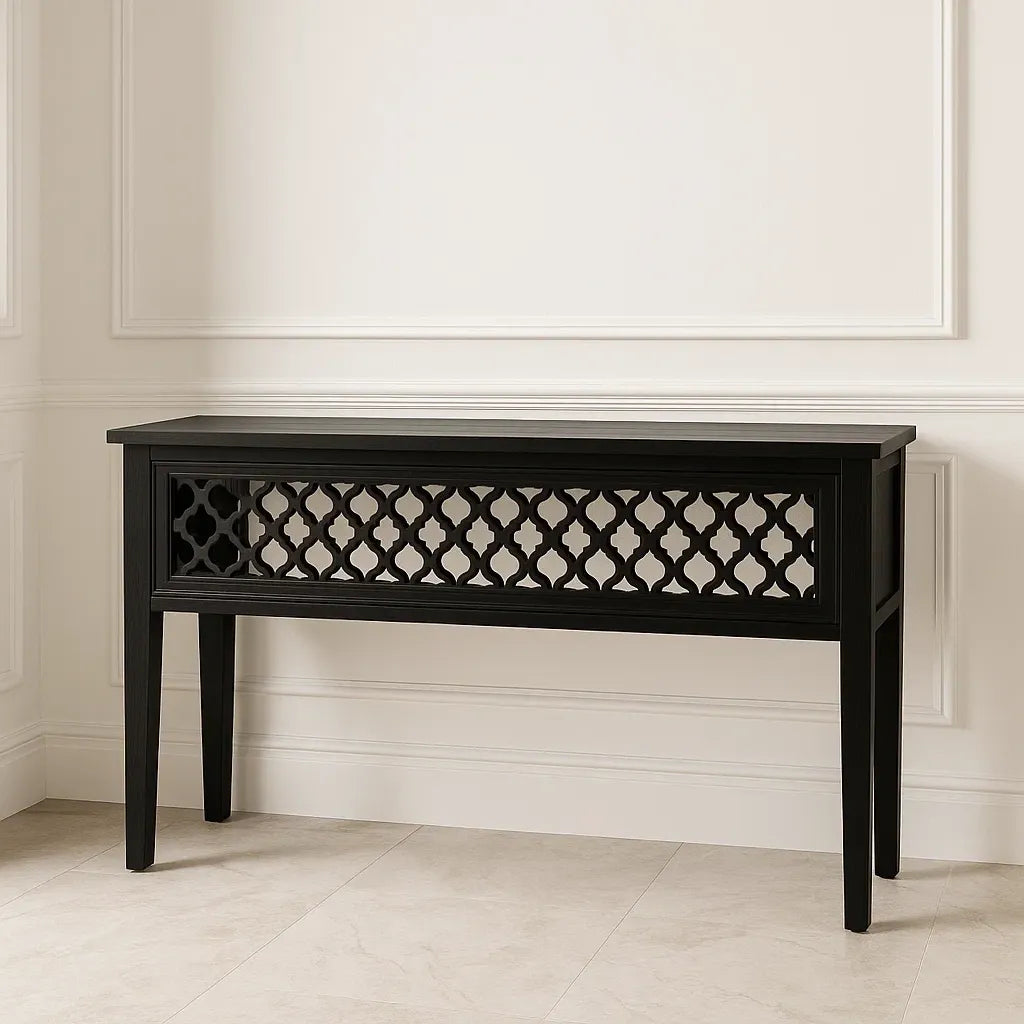 Consoles d'entrée en bois massif noir avec découpe décorative 120x35x80 cm