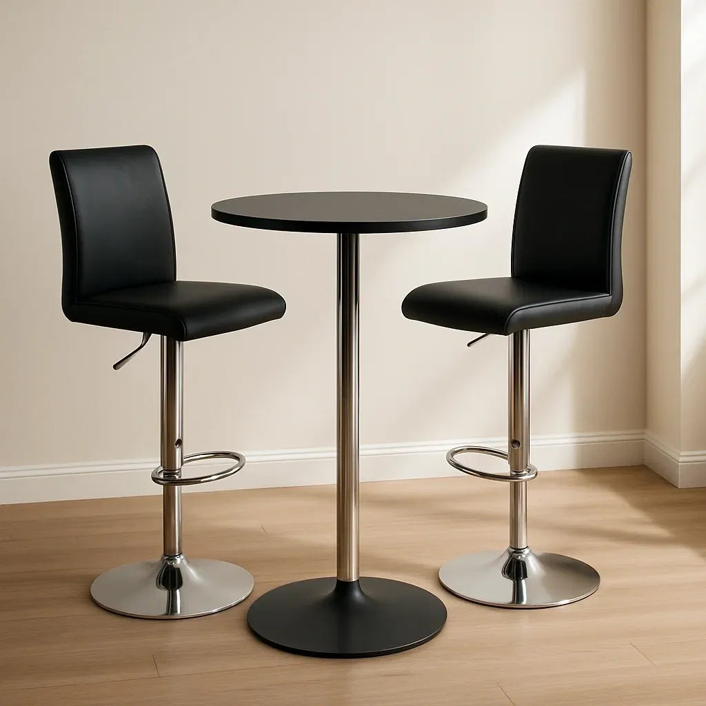 Ensembles table de bar de 3 pièces avec table haute et tabourets en PU noirs avec base en métal ronde