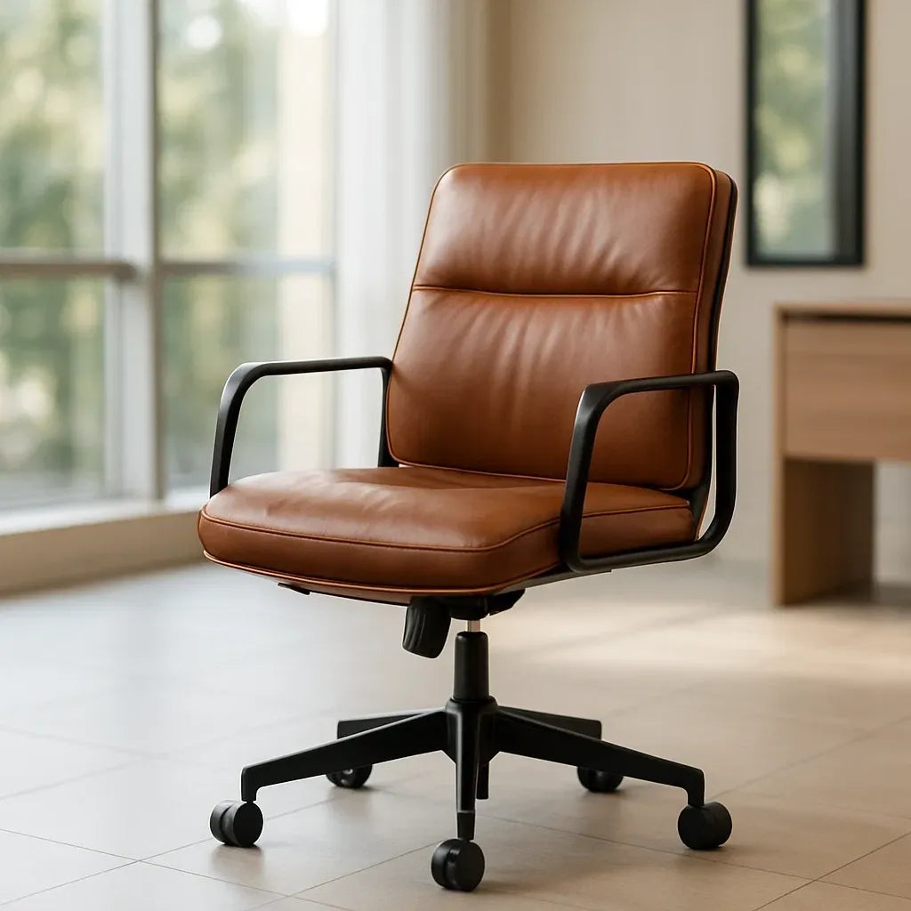 Chaises de bureau pivotantes en cuir PU marron avec accoudoirs et roulettes hauteur réglable