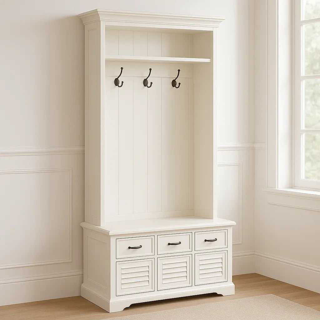 Meubles d'entrée avec porte-manteau, patères et banc de rangement en bois crémé 192x120x50 cm
