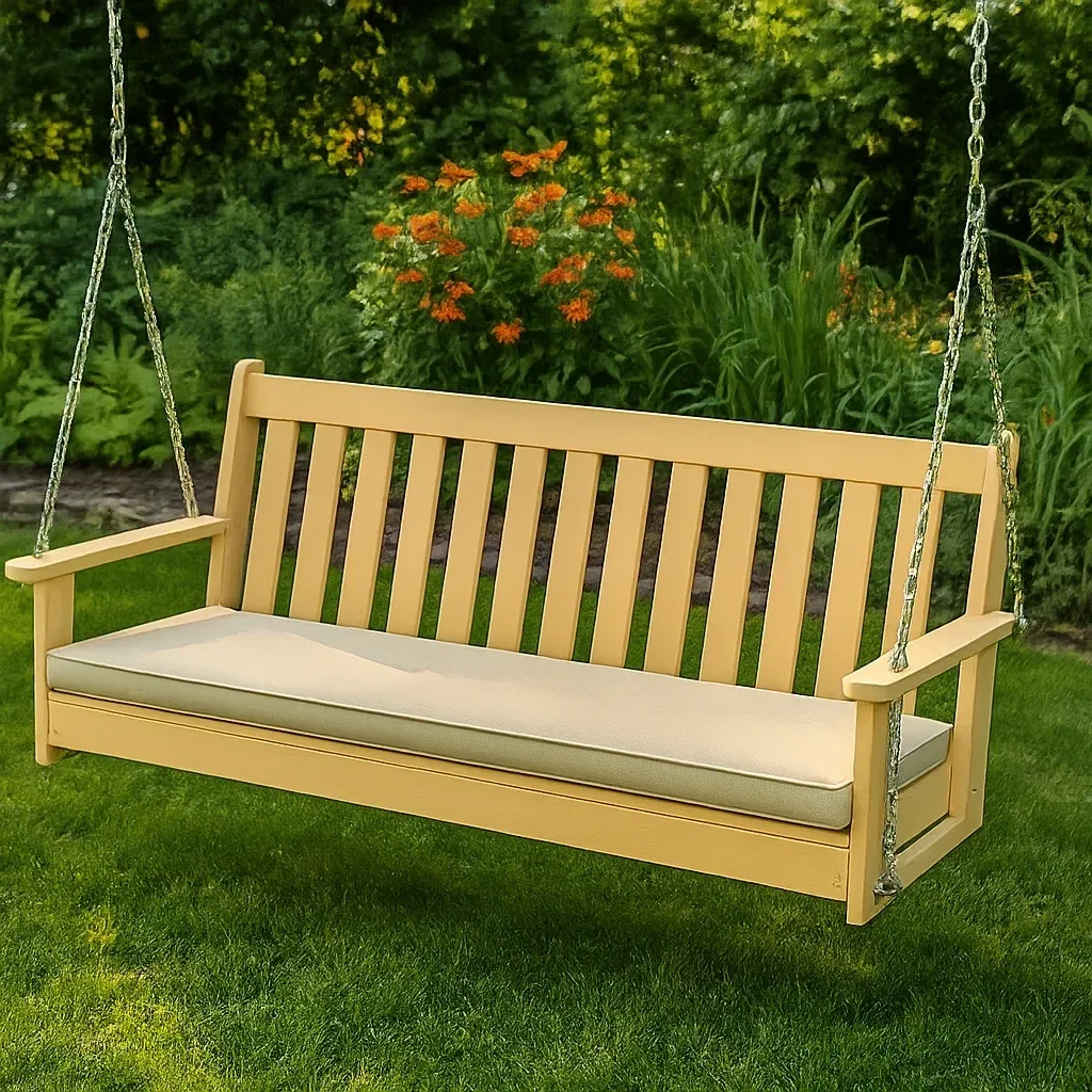 Balancelles de jardin banc à bascule de jardin en bois jaune avec coussin en polyester beige