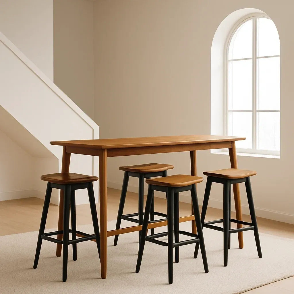 Ensembles table de bar de 5 pièces avec table de bar en bois massif et quatre tabourets en bois et métal