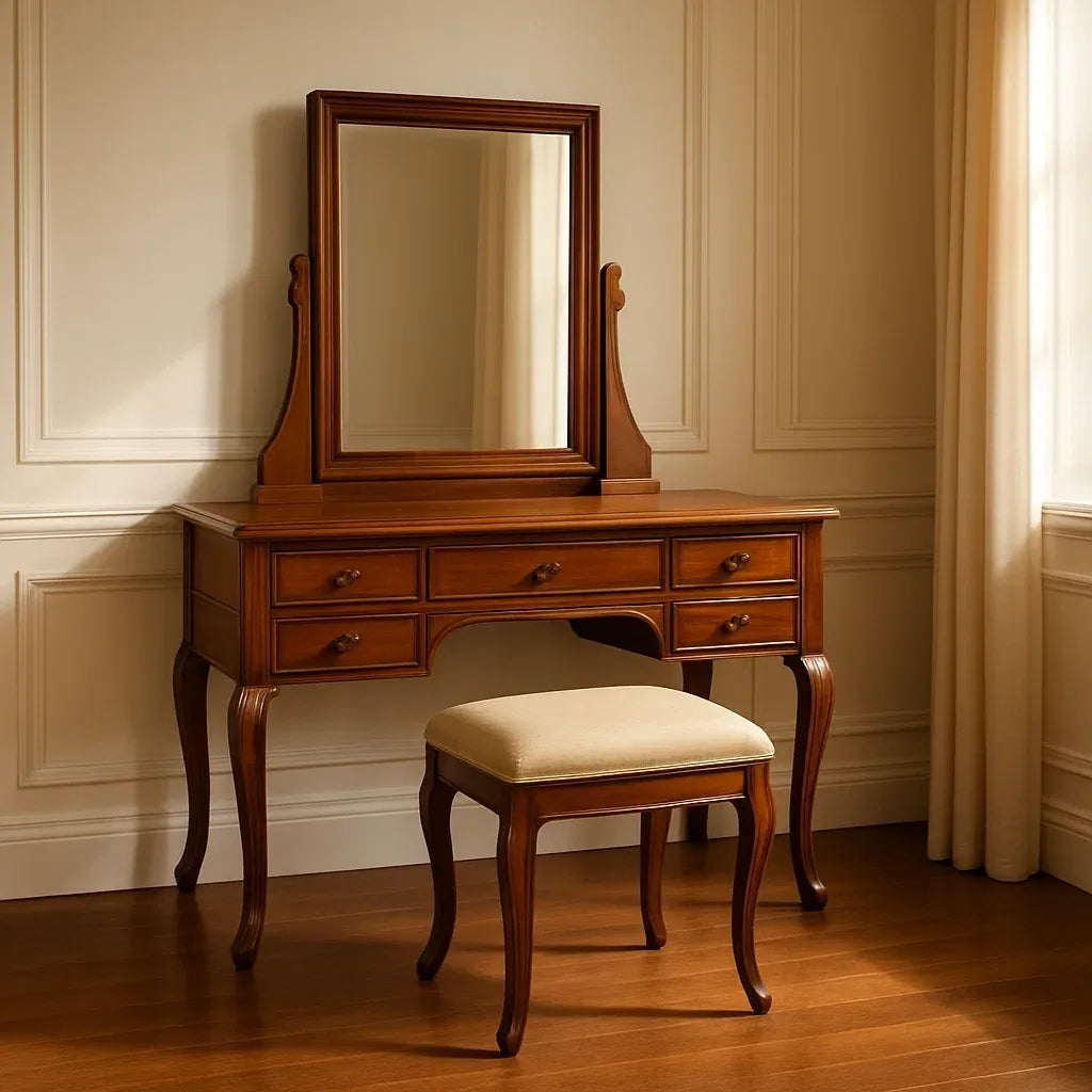 Coiffeuses coiffeuse avec miroir en bois massif brun avec tabouret inclus