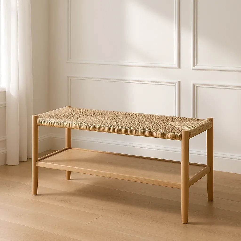 Bancs d'entrée en bois d'hévéa avec assise en fibre de papier tressé nature