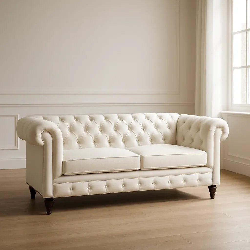 Canapé Chesterfield 2 places en lin écru avec structure en bois massif et rembourrage en mousse 165 x 86 x 75 cm