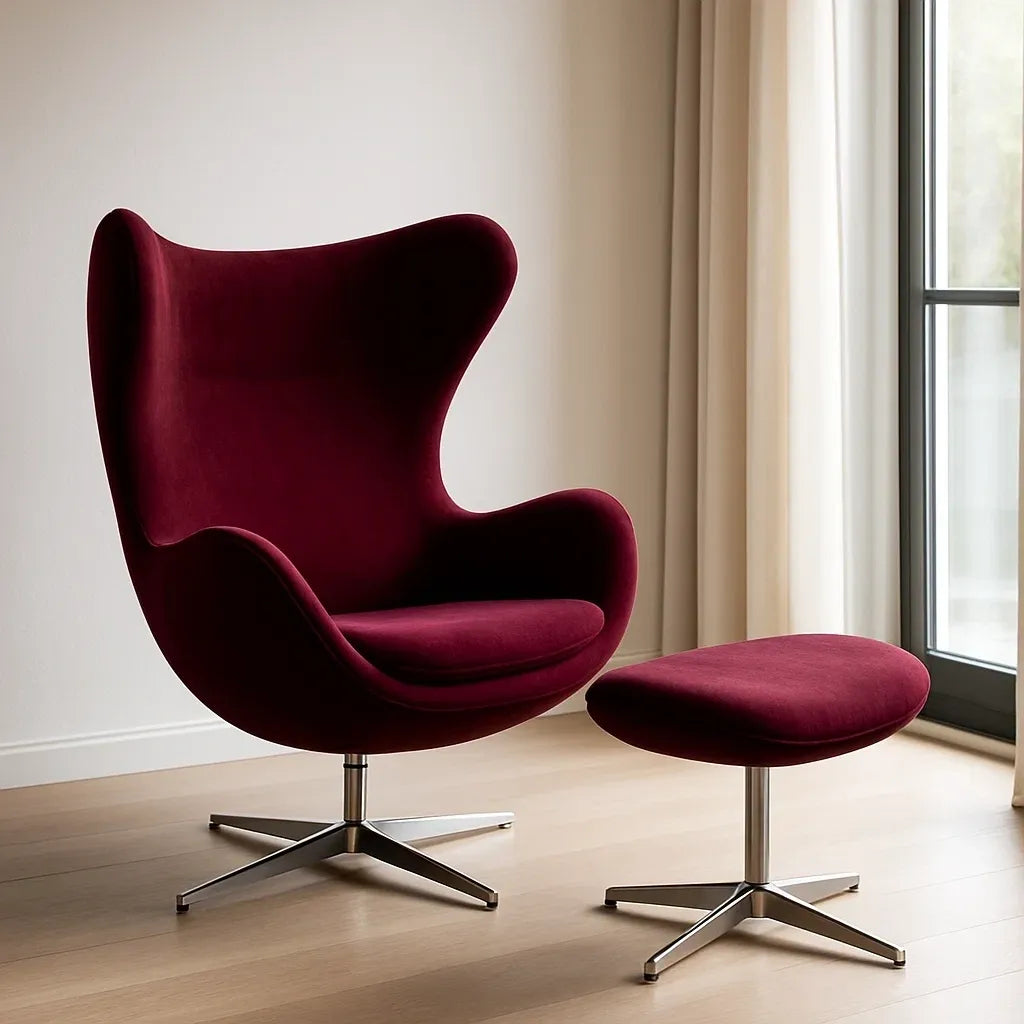 Chaises fauteuil lounge avec pouf velours rouge pieds métal hauteur