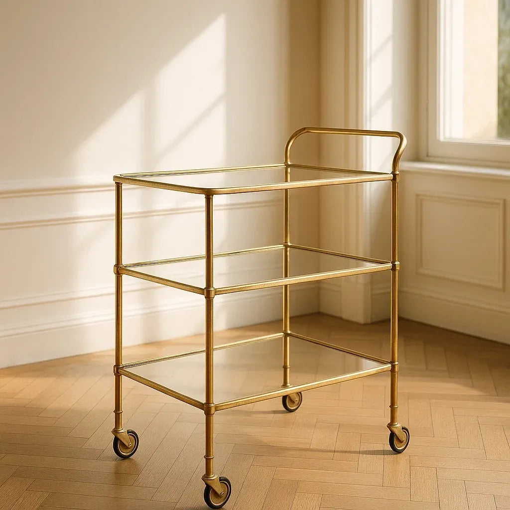 Chariots de bar en métal doré avec étagères en verre trempé 75x45x90 cm