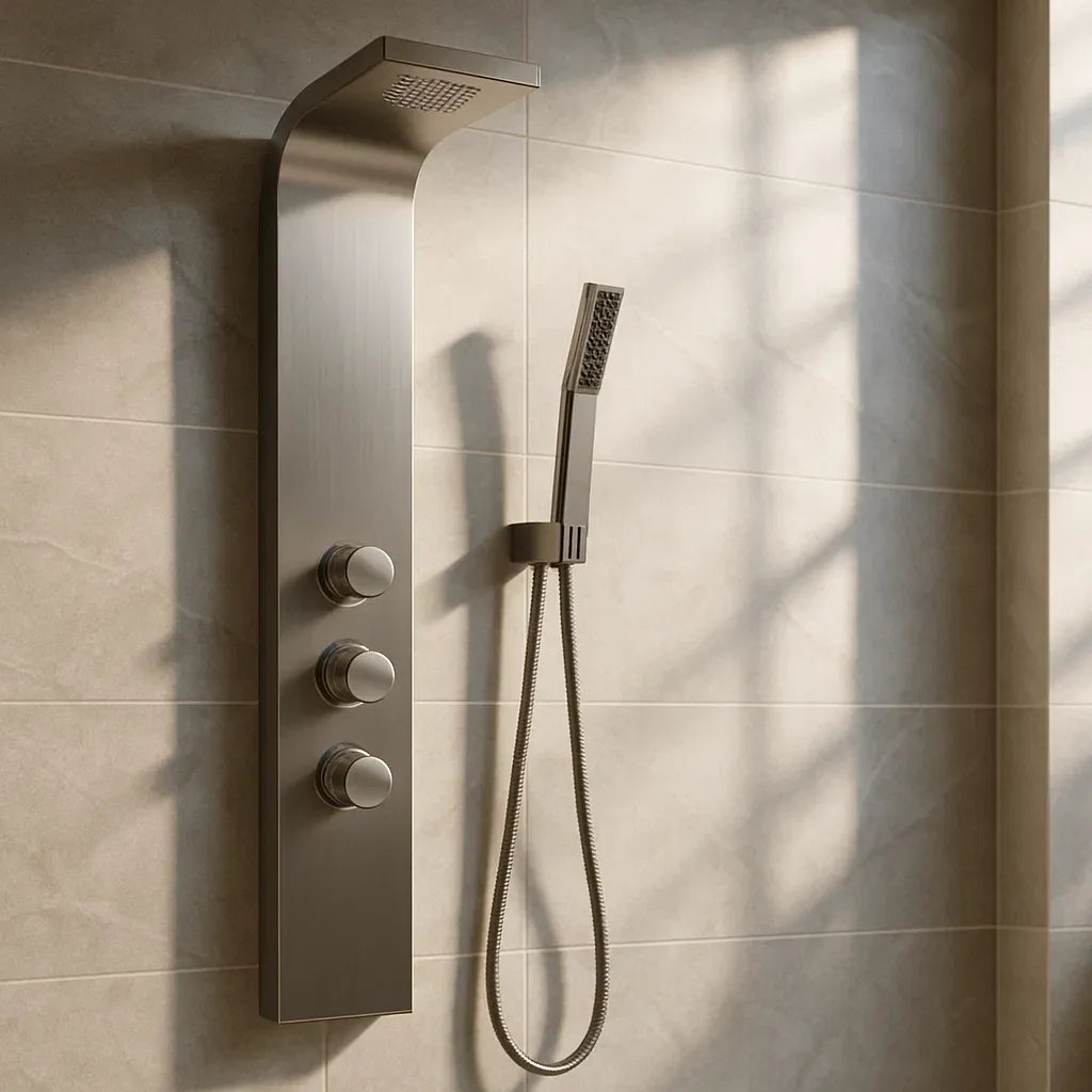 Pommeaux de douche panneau de douche en acier inoxydable brossé nickel avec douchette et mitigeurs