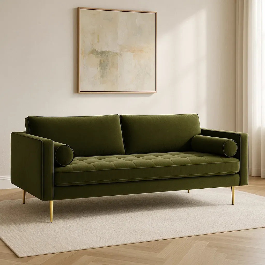 Canapés canapé 3 places en tissu velours vert avec structure métal pieds dorés