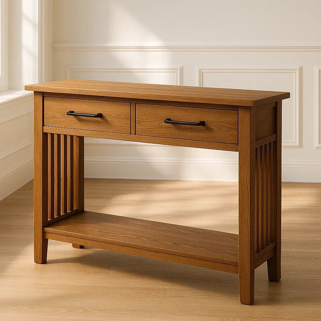 Consoles d'entrée en bois avec deux tiroirs et étagère chêne 80x30x75 cm