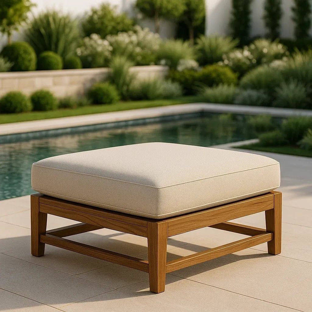 Repose-pieds d'extérieur pouf extérieur en teck coussin beige 60x60x45 cm