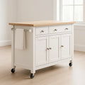 Chariot de cuisine îlot mobile en bois blanc avec plateau en bois 3 portes et 2 tiroirs