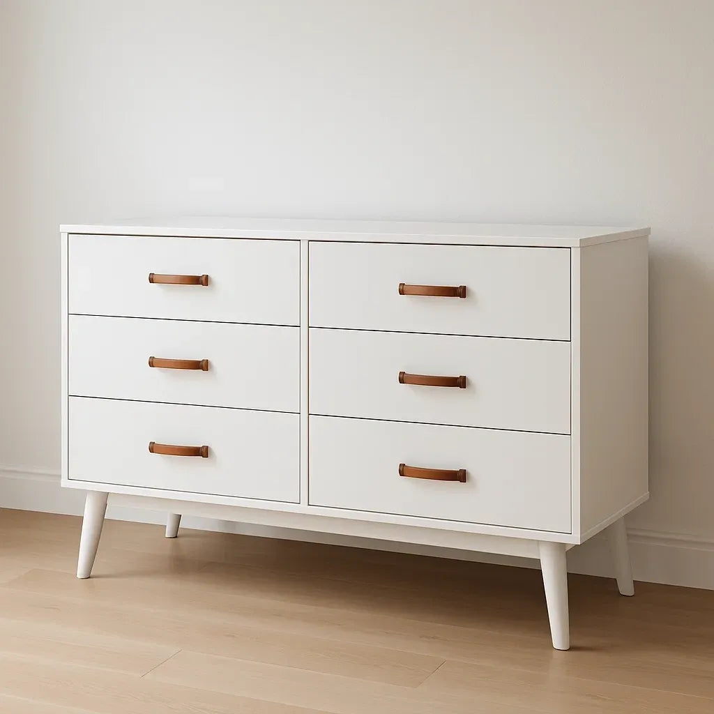 Commodes commode 6 tiroirs bois/mélaminé blanc poignées similicuir 120x40x80 cm