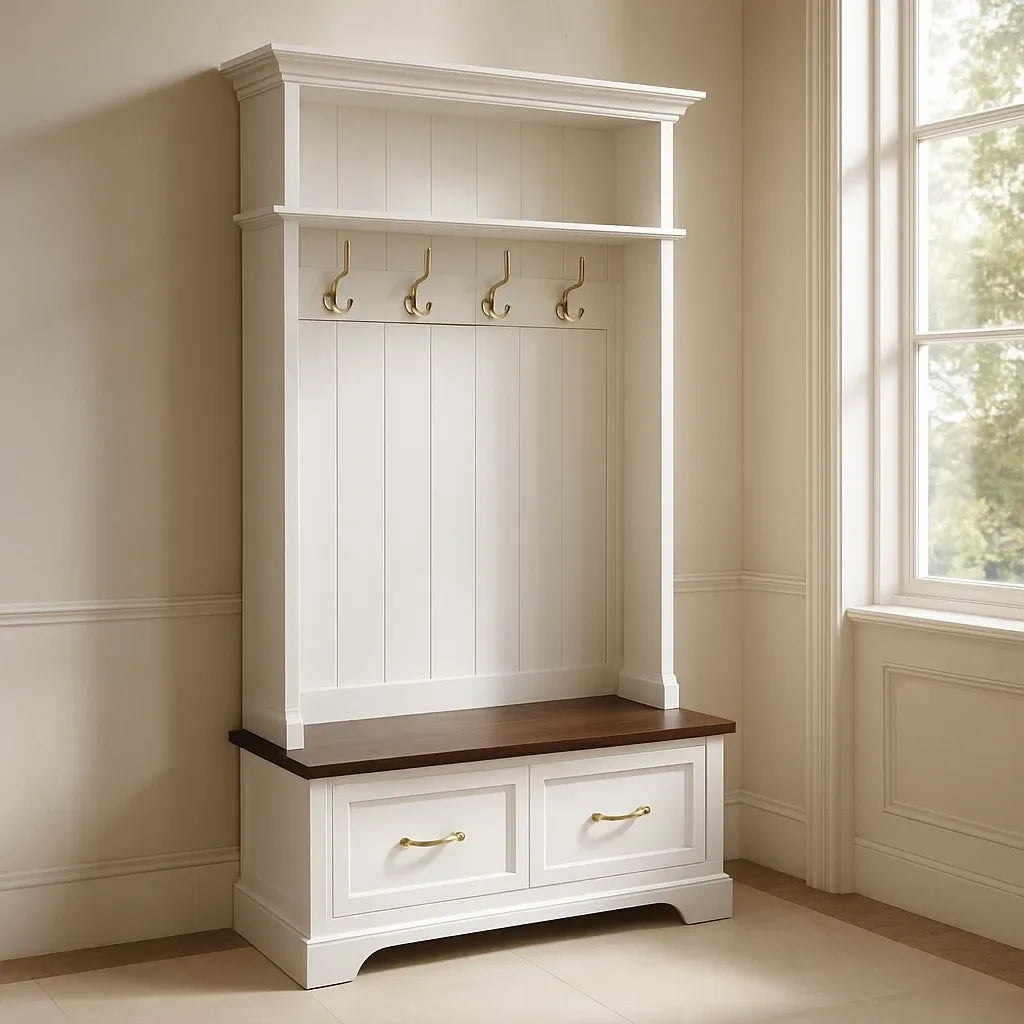 Meubles d'entrée avec porte-manteau, banc et tiroirs en bois MDF blanc et bois foncé