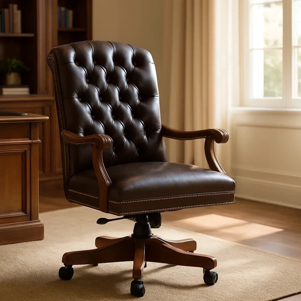 Chaises de bureau pivotante en cuir PU marron bois hauteur réglable