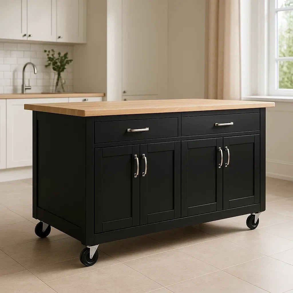 Chariots de cuisine meuble sur roulettes en bois avec plateau en chêne 120x60x90 cm noir