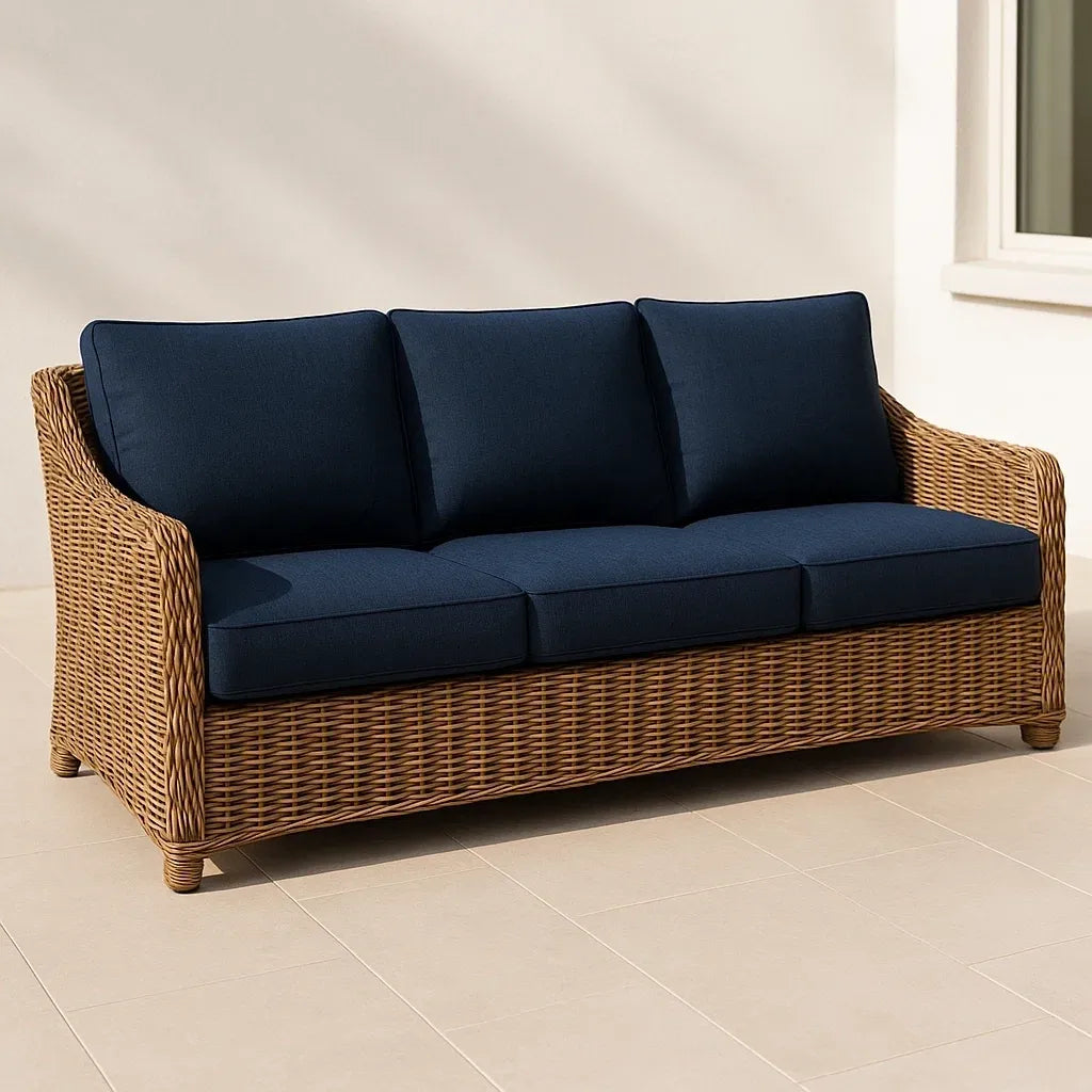 Canapés d'extérieur canapé 3 places extérieur en rotin synthétique avec coussins en polyester bleu 200x80x85 cm